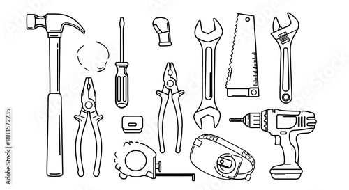 Black-and-white line drawings of common hand tools arranged in a grid, including hammer, pliers, screwdrivers, and saw.