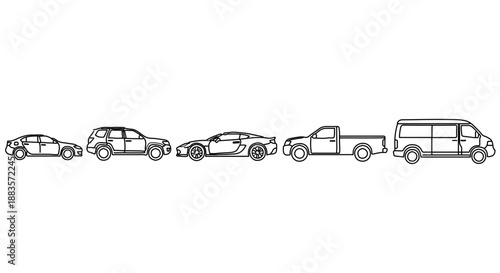 A minimalist vector graphic illustration of various cars in a line
