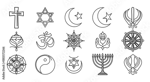 A collection of religious symbols from around the world in a minimalist vector graphic design