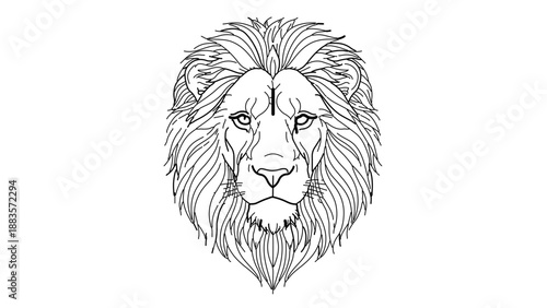 A detailed line art illustration of a lion's head with a majestic mane and intense gaze