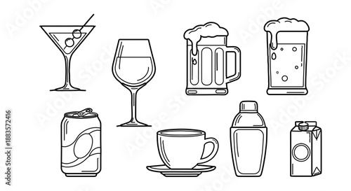 A minimalist vector illustration of various beverage containers and glasses