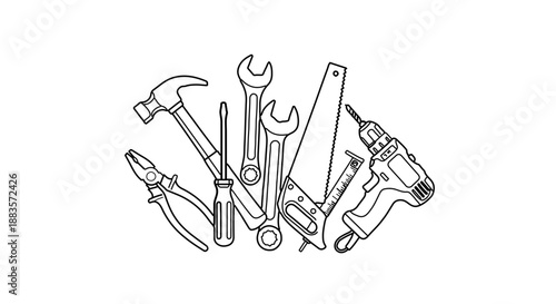 A collection of various hand tools arranged in a circular pattern on a white background
