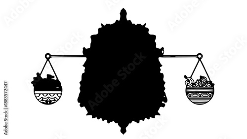 A decorative balance scale silhouette holds a boat on one side and a group of people on the other.