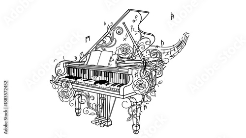 A beautifully designed grand piano illustration with intricate details and ornate patterns