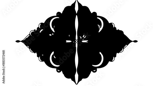 A bold black symmetrical shape with mirrored curves and sharp points, creating a strong abstract design that feels balanced and visually striking.