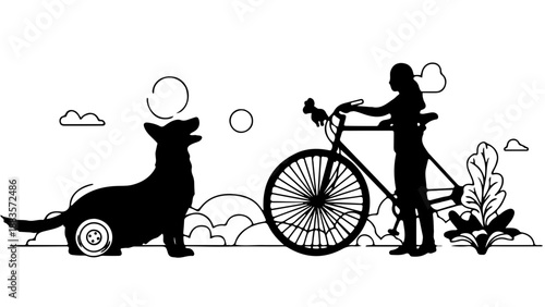 A person with a bicycle faces a sitting dog under clouds and bubbles in a playful black-and-white scene.