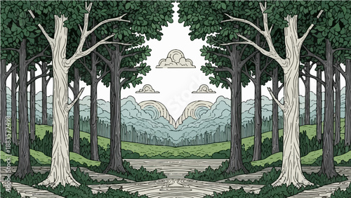 A symmetrical vector illustration of a forest with trees and a mountain range in the background