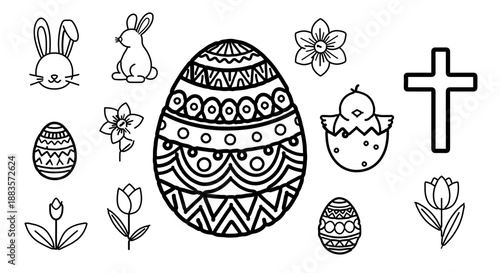 Decorated Easter eggs, rabbits, chick, flowers, and a cross form a festive black-and-white spring scene.