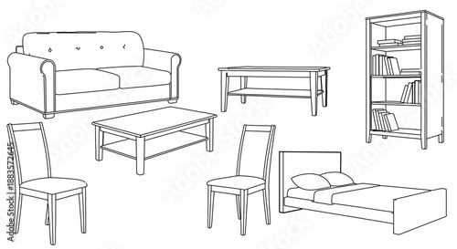 A black-and-white drawing of household furniture including sofa, tables, chairs, bed, and bookshelf.