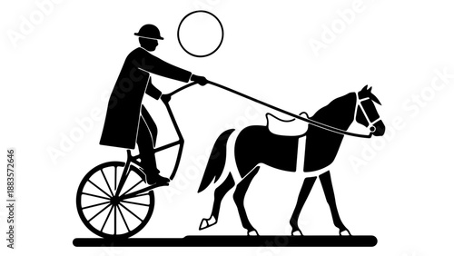 A minimalist vector illustration of a man riding a horse-drawn bicycle in a simple, flat design style.