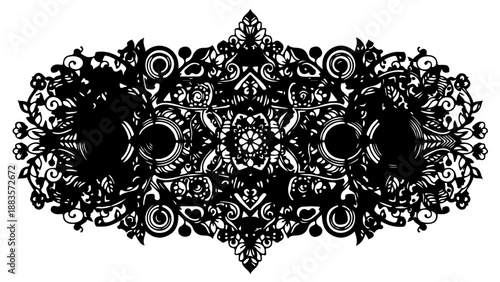 A black and white ornate floral design vector graphic with intricate patterns and swirling shapes
