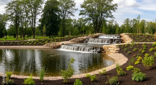 Malevich Park, Odintsovo urban district, Moscow region, Russia, New pond with large multi-level waterfall lined with stones