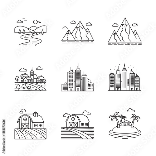Collection of minimal line art landscapes and cityscapes in a sleek modern style