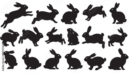 Collection of Silhouetted Bunnies Sprites in Various Poses on Transparent Background