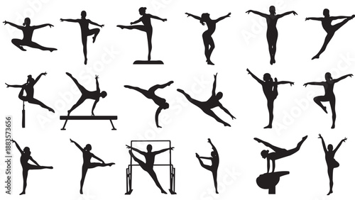 Collection of Silhouettes of Female Gymnasts Performing Various Artistic Movements