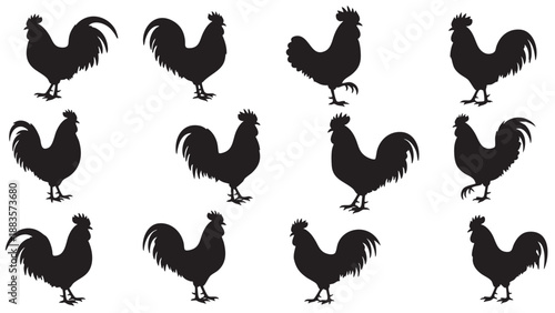Collection of Silhouettes of Roosters in Various Poses and Directions