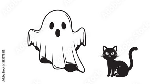 Cute Halloween Ghost and Black Cat Illustration on Transparent Background