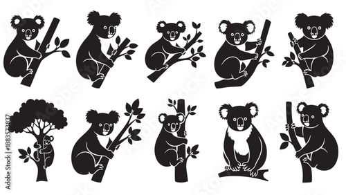 Cute Koalas Climbing and Sitting on Trees Illustration