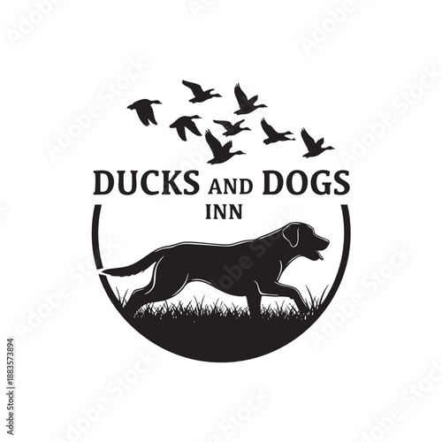 Ducks and Dogs Inn logo with flying ducks above and a walking dog silhouette on a circular background