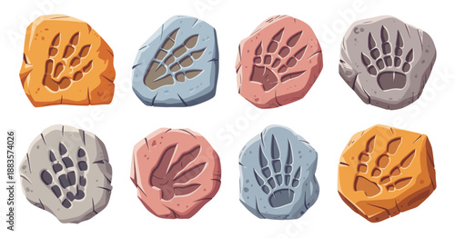 Dinosaur Fossil Footprints Vector Set with Ancient Reptile Paw Prints, Stone Track Impressions and Cartoon Jurassic Era Archaeology and Paleontology Findings Isolated on White