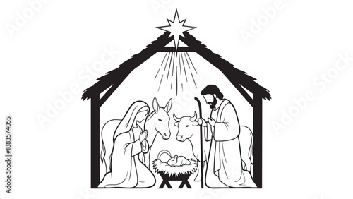 Religious Nativity Scene Featuring Mary and Joseph with Baby Jesus and Animals
