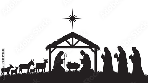Nativity scene silhouette depicting the birth of Jesus with animals and wise men on a white background
