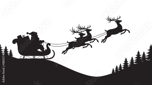 Santa Claus Sleigh Flying Through a Forest in a Silhouette Scene