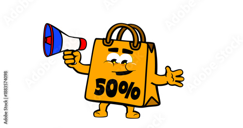 Cute happy shopping bag mascot character, for promotion, sales and e commerce. DISCOUNT FROM 50%