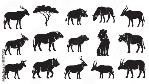 Set of Silhouettes of Various Wild Animals in Black on Transparent Background