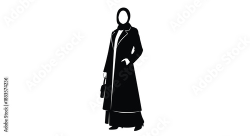 a black and white silhouette of a woman wearing a hijab and long coat