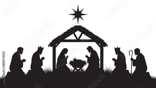 Silhouette of a nativity scene with Mary Joseph baby Jesus angel and wise men under star on transparent background