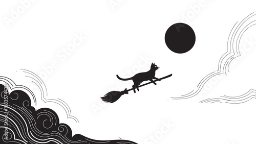 Whimsical cat flying on broomstick across moonlit sky with clouds in silhouette style