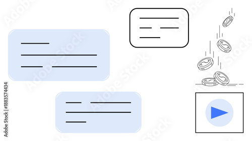 Finance, digital payments, online earnings, media monetization, transactions, technology. Blue text boxes, coins falling play button. Finance and digital payments visualization