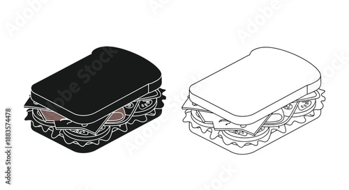 a line drawing illustration of a layered sandwich with bread and fillings