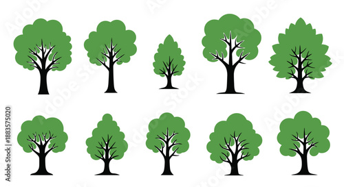 a collection of various stylized green trees on a white background