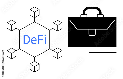 Decentralized finance, blockchain technology, fintech innovation, business strategy, cryptography, and asset management. Blockchain nodes next to a briefcase symbol. DeFi and blockchain technology