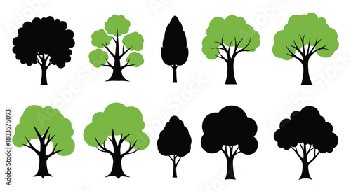 a collection of various tree silhouettes and shapes in shades of green and black