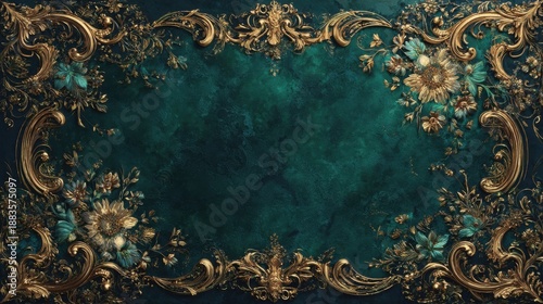 Elegant baroque style background featuring ornate golden floral decorations and teal flowers arranged symmetrically on a richly textured green surface with a blank center space.