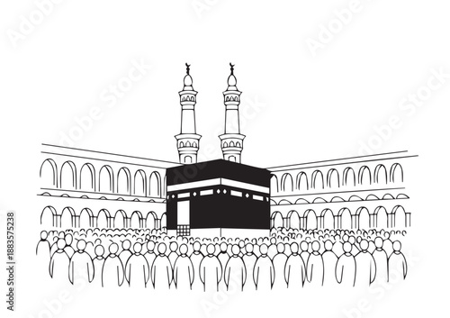kaaba line drawing vector mecca mosque with pilgrims and minarets