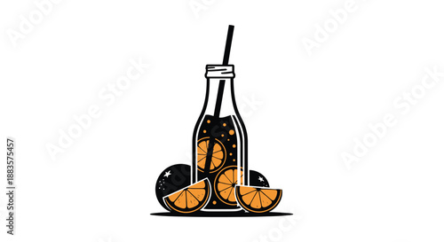 a black and orange illustration of a bottle with straw and sliced oranges