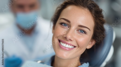 Wallpaper Mural Smiling woman enjoys professional dental cleaning at clinic during daytime with dental hygienist present Torontodigital.ca