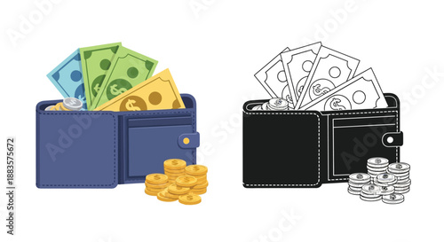 colorful wallet with money and coins next to a black and white wallet illustration