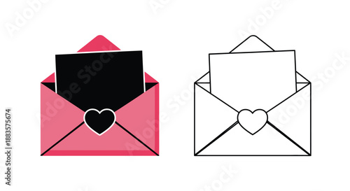 two envelopes with blank paper inside one colored pink and the other outlined in black