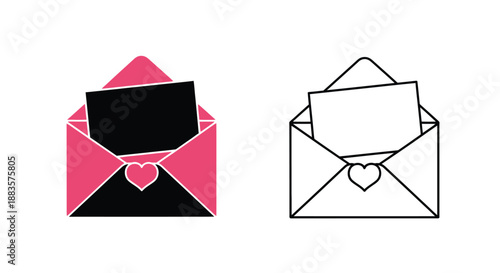 two envelopes with heart details one in pink and one in black and white outline