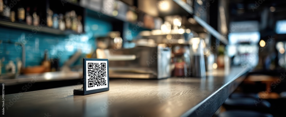 Obraz premium Qr code on cafe counter for contactless payment and ordering