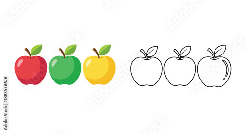 colorful and outline apple icons illustration showcasing vibrant fruits and simple line art