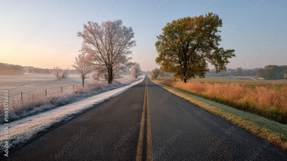 Fototapeta premium Road Through Changing Seasons: Winter on One Side, Summer on the Other