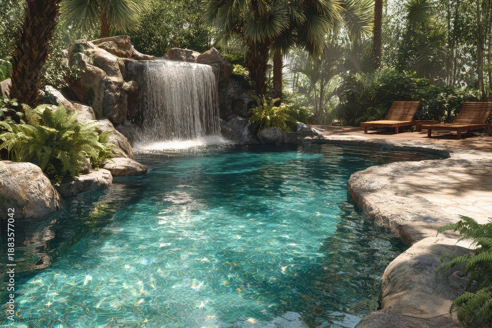 Naklejka premium Crystal blue pool with natural stone waterfall surrounded by tropical plants
