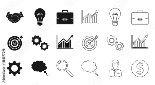 business icons set featuring handshake bulb briefcase graph and other relevant symbols