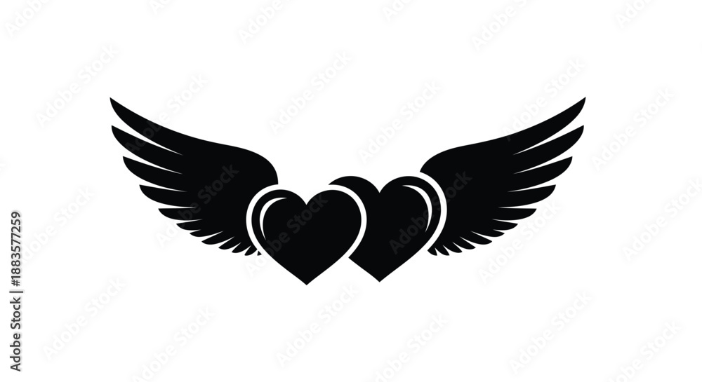 Fototapeta premium a black and white graphic design featuring two hearts with wings